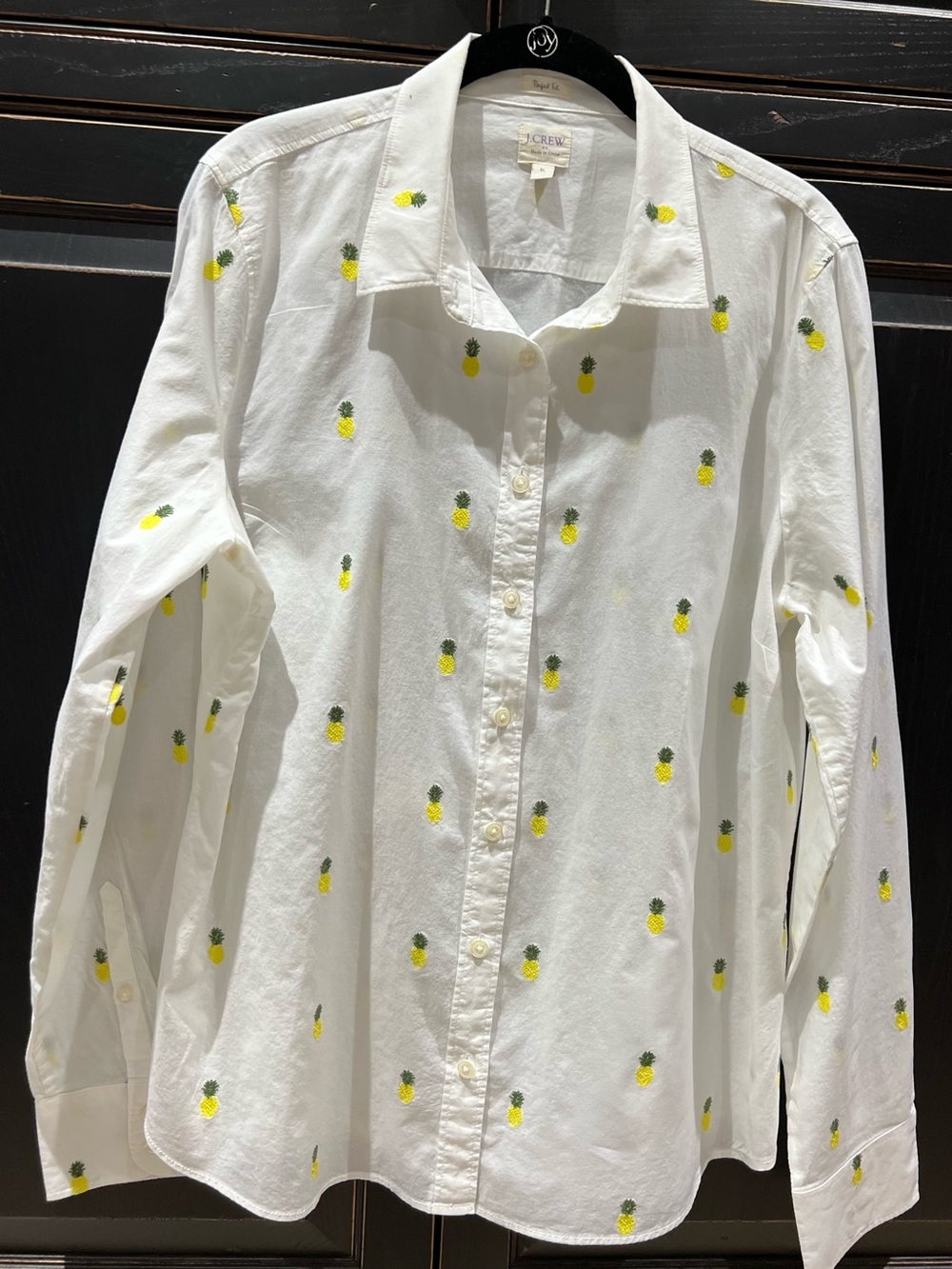 J.Crew White Button-Up Shirt with Pineapple Embroidery Size XL
